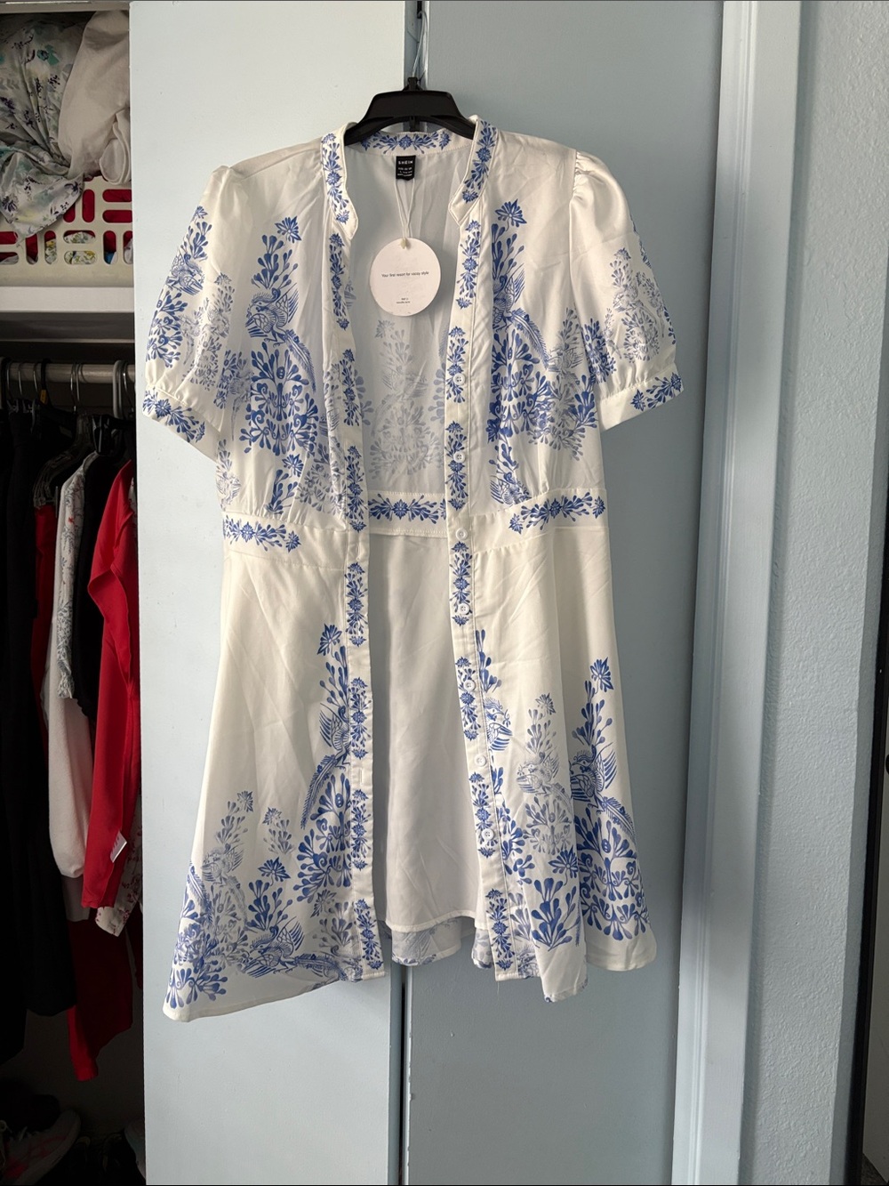 SHEIN White Dress with Blue Floral Print